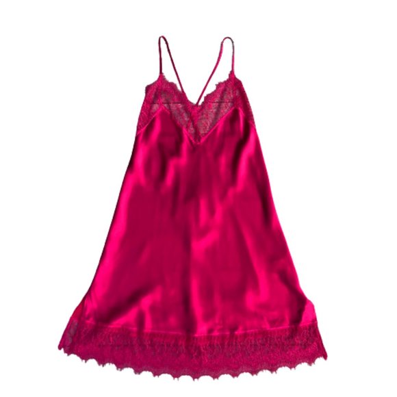 NWOT New 100% Silk Pink Red Lace Criss Cross Chemise Negligee Full Slip Dress M - Picture 14 of 17